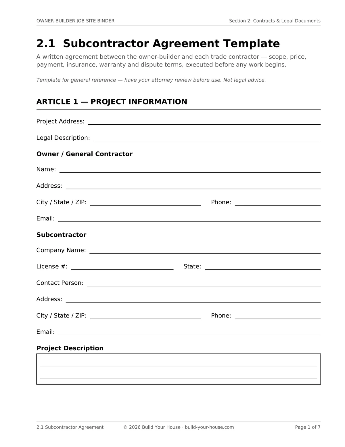 Full page of the 2.1 Subcontractor Agreement: numbered contract clauses with blanks for scope of work, price, payment schedule, and signatures.