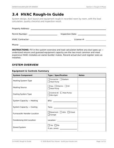 Binder page 3.4, the HVAC Rough-In Guide: a checklist of duct, line-set, and condensate items to verify before drywall goes up.