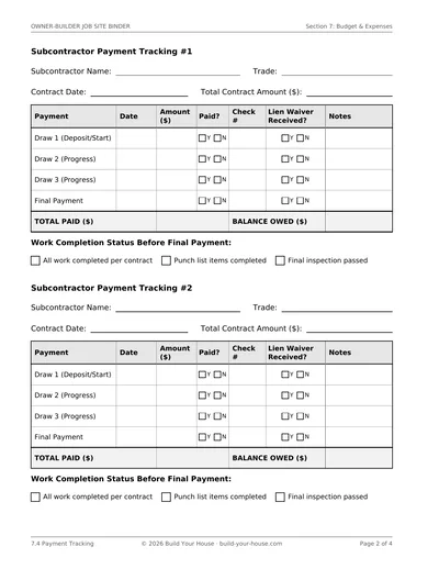 Binder page 7.4, the Payment Tracking sheet: a ruled table of draws, invoices paid, and lien waivers received.