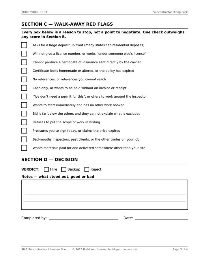 Page SH.4, the Red Flags list: subcontractor warning signs printed one per row with a short explanation of the risk each one signals.