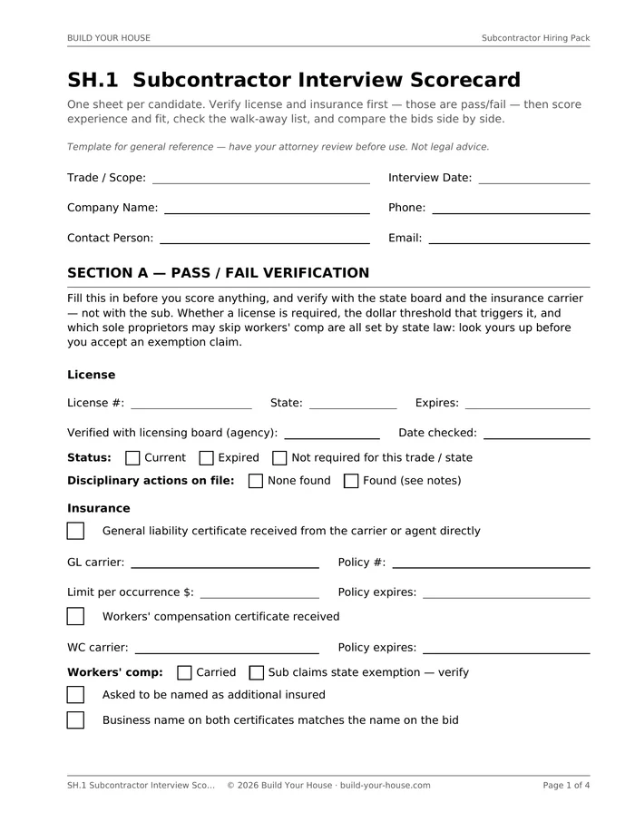 The subcontractor interview scorecard, page SH.1 of the hiring pack.