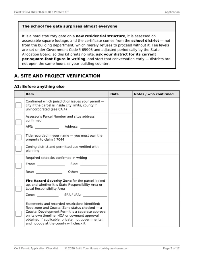 A page of the CA permit application checklist stacked behind the exemption walkthrough.