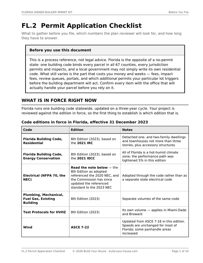 Kit page listing the Florida Building Code editions in force above a note explaining why the referenced electrical code reads as 2020 in one document and 2023 in another