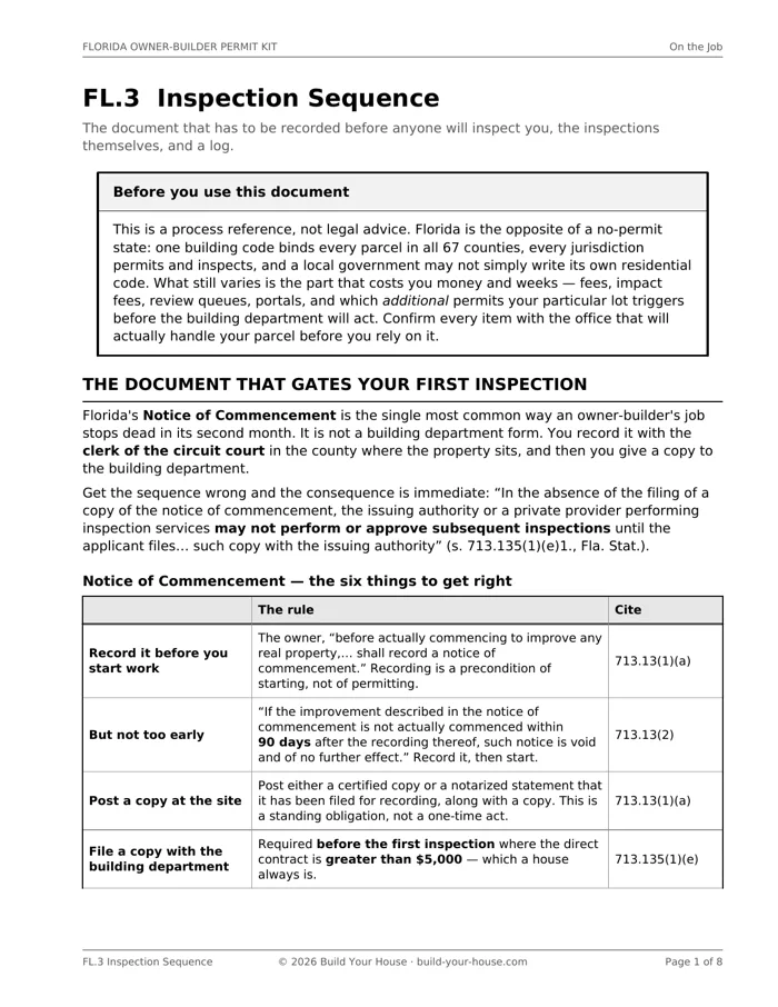Page 1 of FL.3, quoting the statute that bars the building department or a private provider from performing or approving inspections until a copy of the recorded Notice of Commencement is filed, above a table of the six things to get right including recording before work starts and the ninety-day window