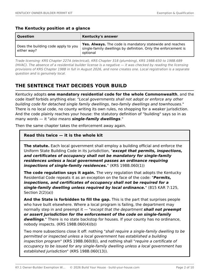 Page 2 of KY.1, quoting KRS 198B.060(1) and 815 KAR 7:125 Section 2(2)(a) side by side, showing that permits, inspections and certificates of occupancy are not mandatory for a single-family residence unless a local ordinance requires them