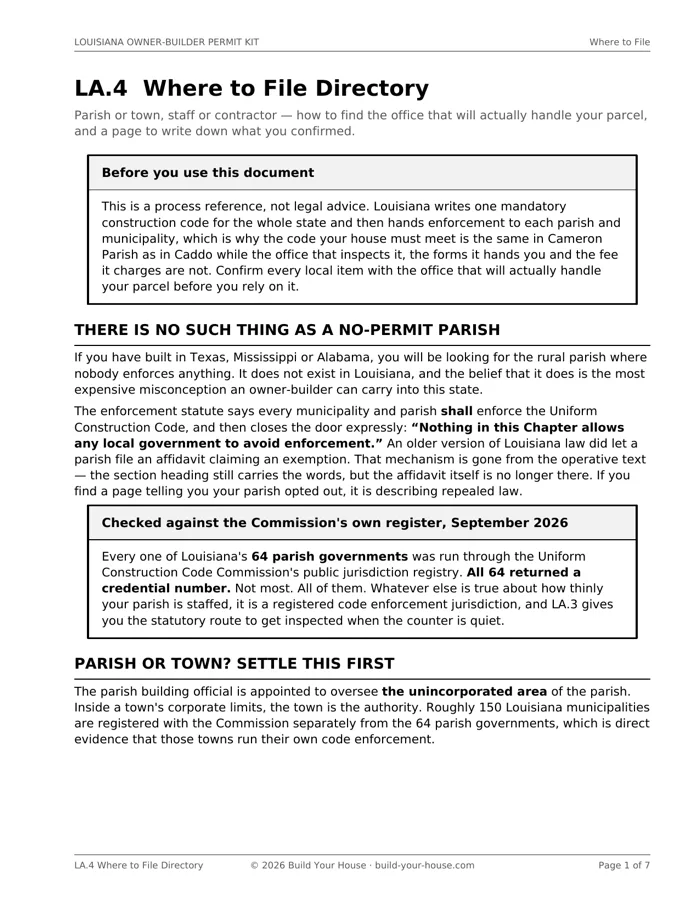 Page 1 of LA.4, headed “There is no such thing as a no-permit parish”, with a callout reporting that all 64 Louisiana parish governments were run through the Uniform Construction Code Commission’s public jurisdiction registry and all 64 returned a credential number