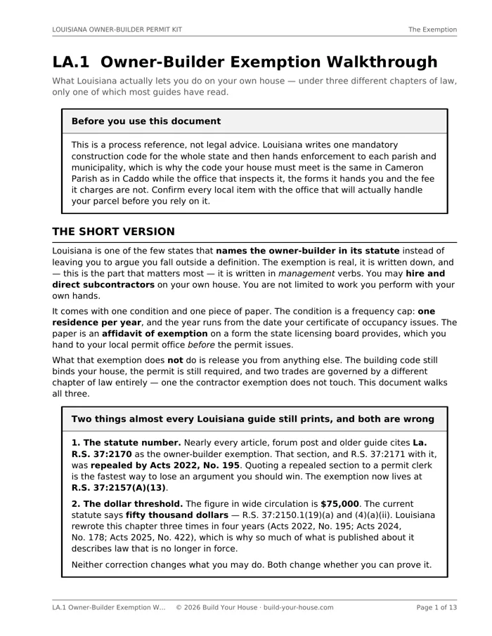 Page 1 of LA.1, with a callout headed “Two things almost every Louisiana guide still prints, and both are wrong” — that R.S. 37:2170 and 37:2171 were repealed by Acts 2022 No. 195 and the exemption now lives at R.S. 37:2157(A)(13), and that the licensing threshold is fifty thousand dollars rather than the widely quoted $75,000