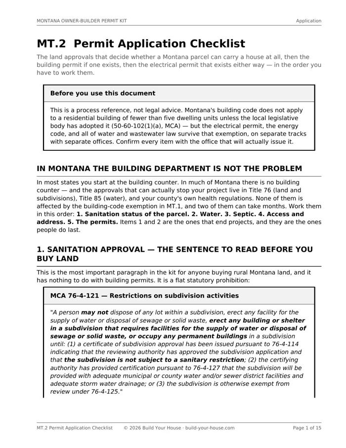 Page 1 of MT.2, the permit application checklist: MCA 76-4-121 quoted in full, the statute barring construction or occupancy without sanitation approval.