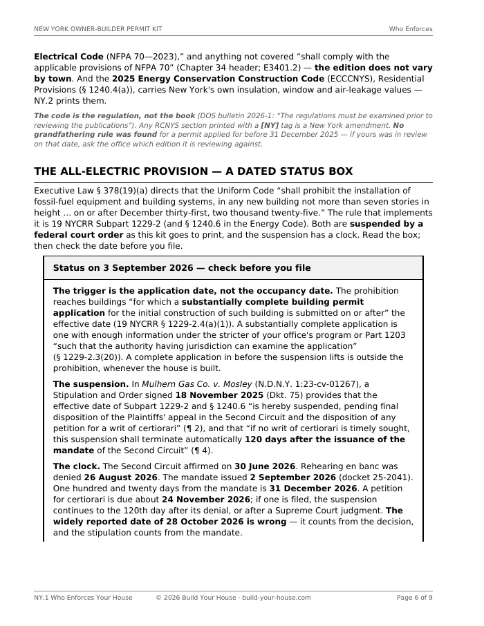 Kit page headed The All-Electric Provision, a dated status box setting out the application-date trigger, the 18 November 2025 stipulation suspending the rule, and the clock running from the Second Circuit mandate of 2 September 2026 to 31 December 2026