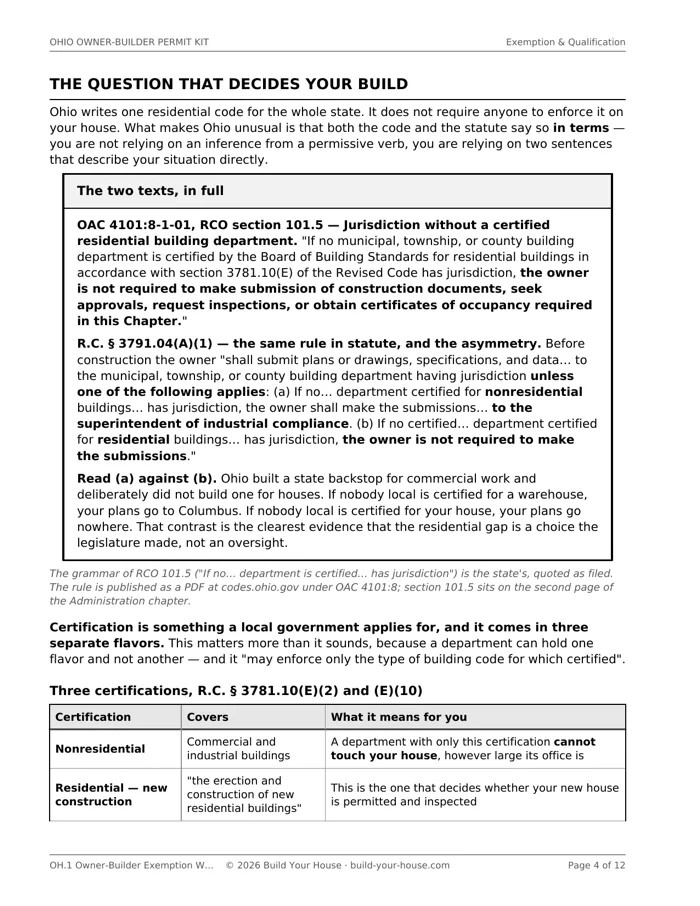 Page 4 of OH.1: a box quoting RCO section 101.5 and Revised Code section 3791.04(A)(1) side by side, showing that where no department is certified for nonresidential work plans go to the superintendent of industrial compliance, while where none is certified for residential work the owner is not required to make the submissions at all